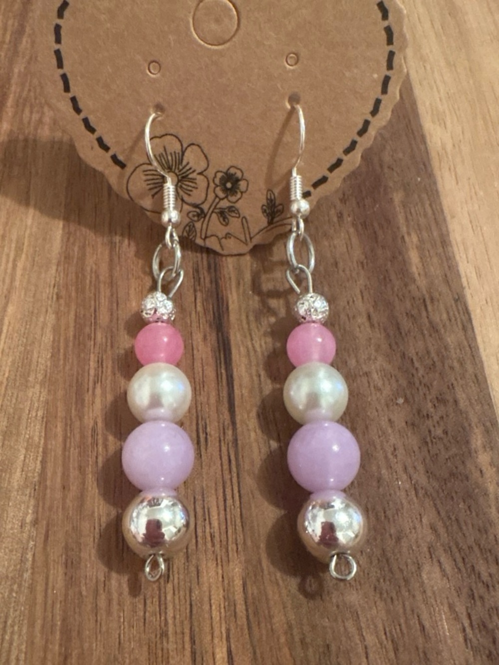 Handmade Pink and Lilac Beaded Drop Earrings - Dyed Jade & Plated Lava Stone